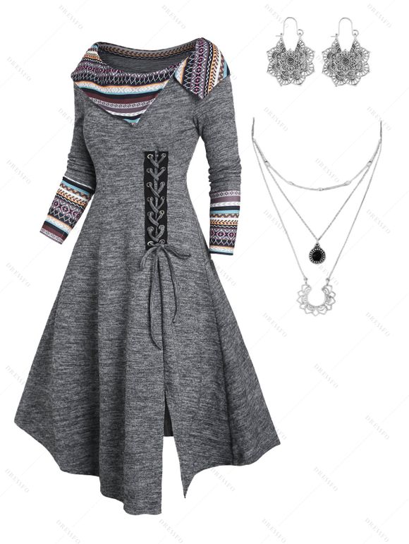 Heathered Tribal Rainbow Stripe Print Patchwork Dress and Hollow Out Flower Earrings Layered Beads Chain Necklace Outfit - Gris S | US 4