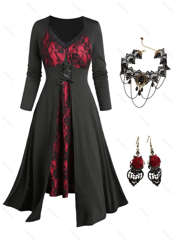 Gothic Rose lace Patchwork Squar Neck Dress and Lace Choker Rose Hollow Out Earrings Necklace Outfit - Noir S | US 4