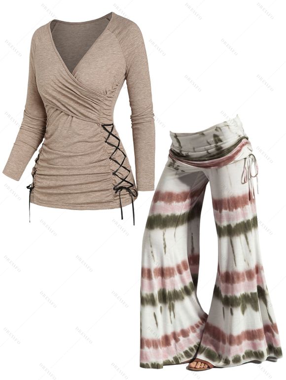 Solid Crossover Bust Lace Up Ruched Top and Tie Dye Print Wide Leg Pants Outfit - café lumière S | US 4