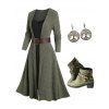 Rib Contrast Long Sleeve 2 In 1 Knit Dress and Zip Up Chunky Heel Punk Boots Life Tree Pattern Hoop Drop Earrings Outfit