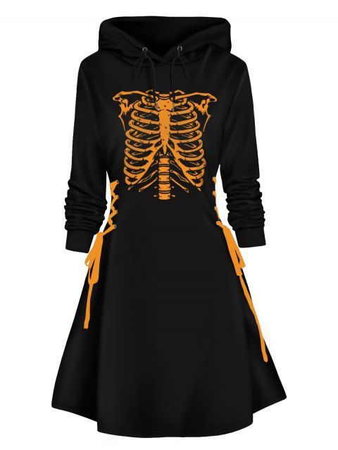 Robe à Capuche Ligne A Squelette Imprimée à Lacets à Côté