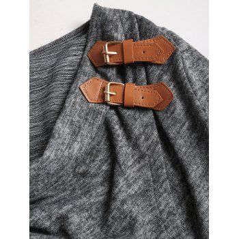 Heathered Checked Patchwork Cowl Neck Buckle Decor Long Sleeve Top 