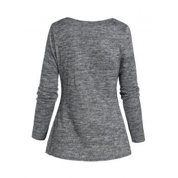Heathered Checked Patchwork Cowl Neck Buckle Decor Long Sleeve Top 