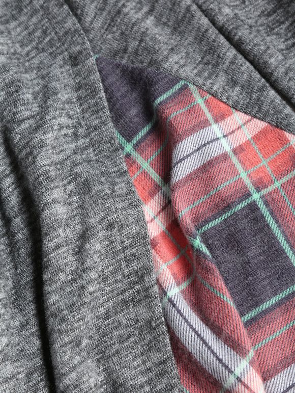 Haut Chiné Orné de Boucle avec Jointif à Carreaux Manches Longues à Col Bénitier - Gris L | US 8-10