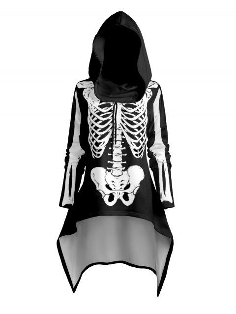 Gothic Skeleton Print High-Low Drawstring Hooded Long-Sleeve Casual Hoodie