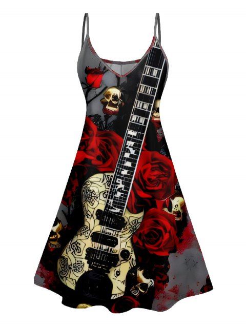 Hallowee Rose Skull Guitar Print V Neck High Waist Spaghetti Strap Dress Sleeveless Summer A Line Cami Dress
