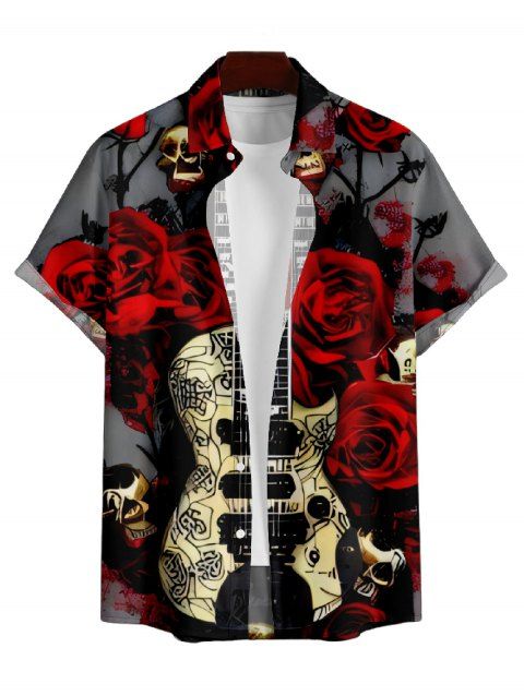 Men's Halloween Guitar Rose Skull Print Roll Up Sleeve Shirt Button Up Short Sleeve Casual Shirt