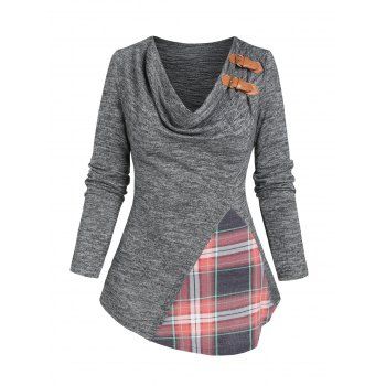 Heathered Checked Patchwork Cowl Neck Buckle Decor Long Sleeve Top 