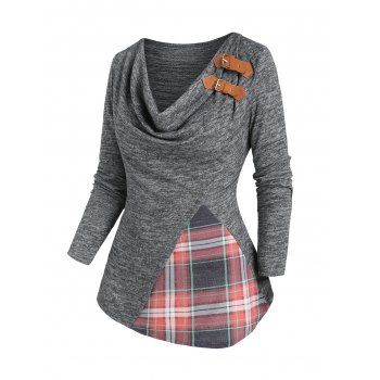 Heathered Checked Patchwork Cowl Neck Buckle Decor Long Sleeve Top 