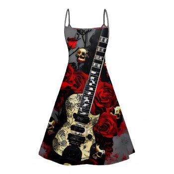 Hallowee Rose Skull Guitar Print V Neck High Waist Spaghetti Strap Dress and Button Up Short Sleeve Shirt Outfit