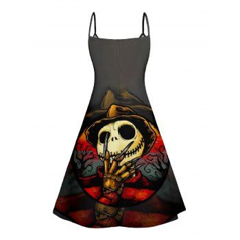 Halloween Pumpkin Skull Print V Neck High Waist Spaghetti Strap Dress Sleeveless Summer A Line Cami Dress