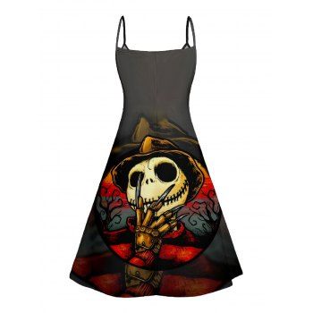 Halloween Pumpkin Skull Print V Neck High Waist Spaghetti Strap Dress and Roll Up Sleeve Shirt Outfit