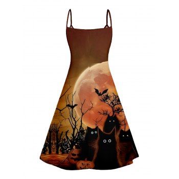 Halloween Night Bat Print V Neck High Waist Spaghetti Strap Dress and Button Up Short Sleeve Shirt Outfit