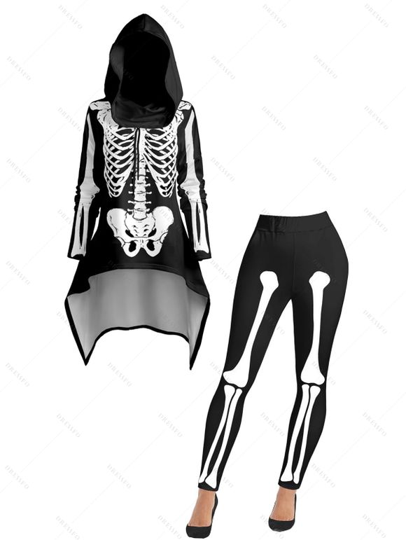 Gothic Skeleton Print High-Low Drawstring Hoodie and Fun Costumes Leggings Outfit - Noir S | US 4