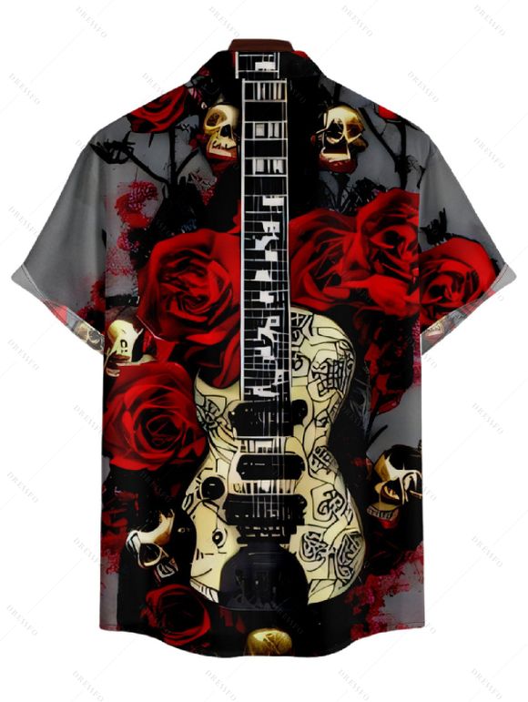 Chemise Décontractée D'Halloween Rose et Crâne Imprimées Boutonnée à Manches Roulées pour Homme - Café profond 2XL