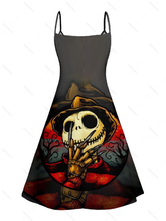 Robe D'Eté Ligne A Crâne et Citrouille Imprimés à Bretelle Fine sans Manches à Col V - Noir M | US 6