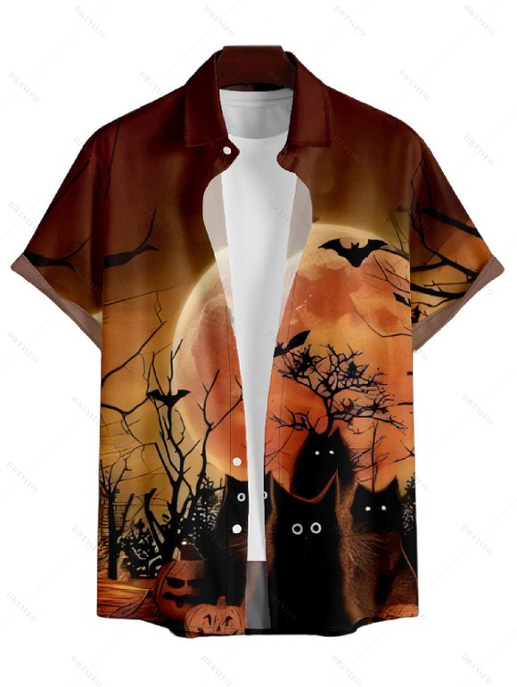 Chemise Décontractée D'Halloween Boutonnée Chauve-souris Imprimé à Manches Roulées pour Homme - Café profond S