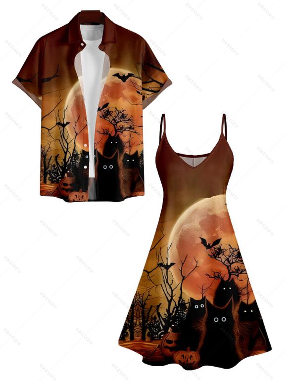 Halloween Night Bat Print V Neck High Waist Spaghetti Strap Dress and Button Up Short Sleeve Shirt Outfit - Café profond S | US 4