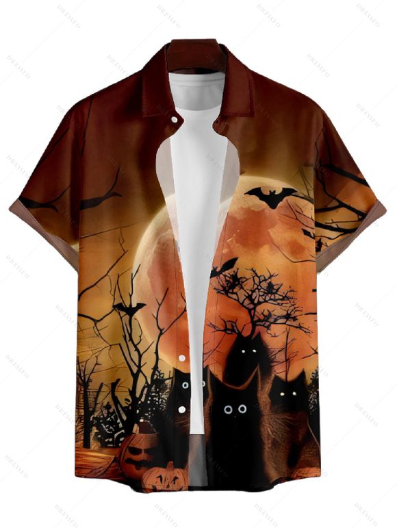 Halloween Night Bat Print V Neck High Waist Spaghetti Strap Dress and Button Up Short Sleeve Shirt Outfit - Café profond S | US 4
