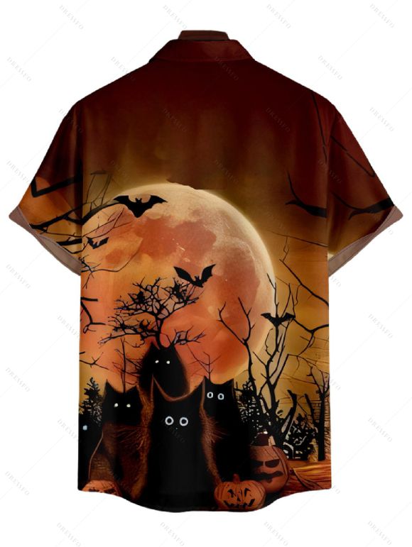 Halloween Night Bat Print V Neck High Waist Spaghetti Strap Dress and Button Up Short Sleeve Shirt Outfit - Café profond S | US 4