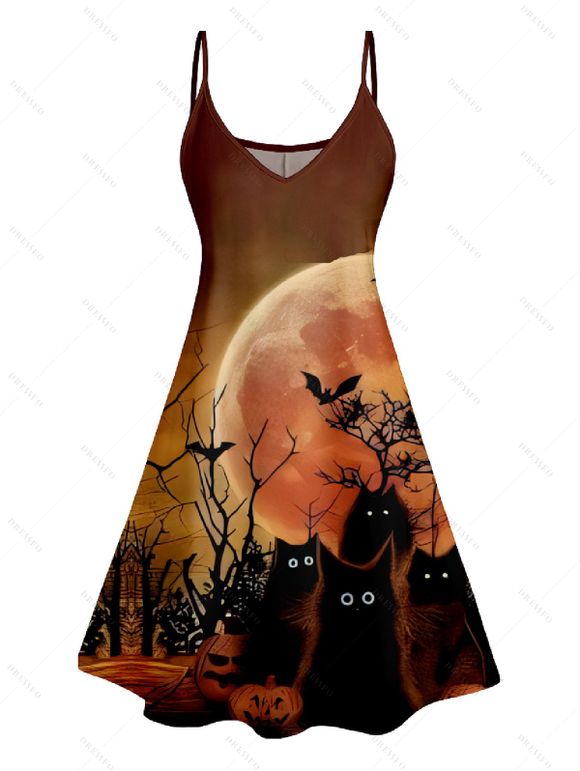 Halloween Night Bat Print V Neck High Waist Spaghetti Strap Dress and Button Up Short Sleeve Shirt Outfit - Café profond S | US 4