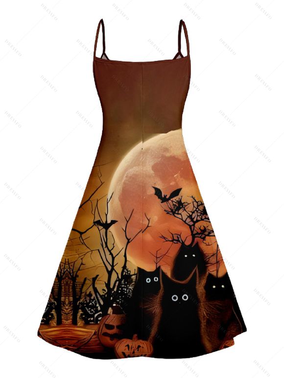 Halloween Night Bat Print V Neck High Waist Spaghetti Strap Dress and Button Up Short Sleeve Shirt Outfit - Café profond S | US 4