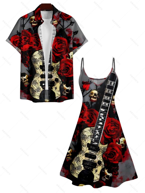 Hallowee Rose Skull Guitar Print V Neck High Waist Spaghetti Strap Dress and Button Up Short Sleeve Shirt Outfit - Noir S | US 4