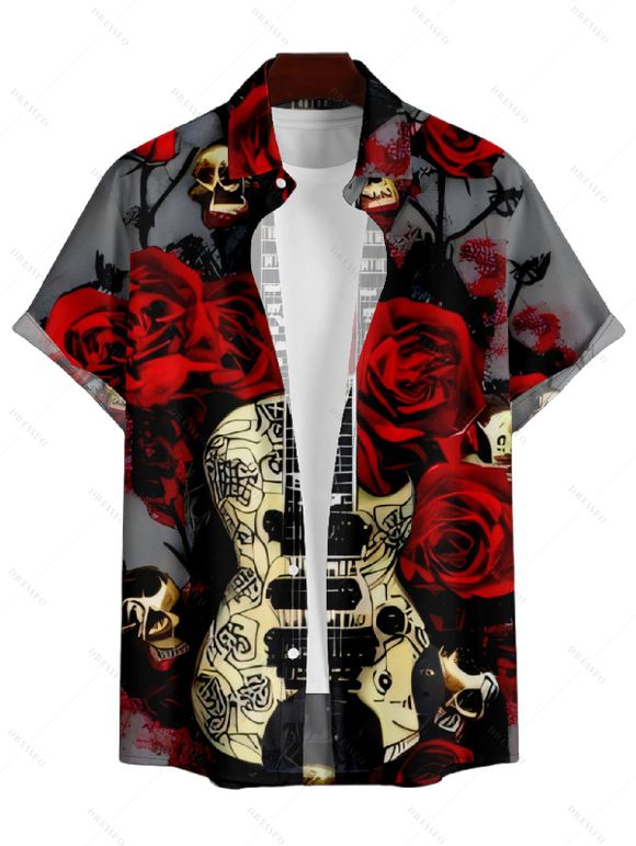 Hallowee Rose Skull Guitar Print V Neck High Waist Spaghetti Strap Dress and Button Up Short Sleeve Shirt Outfit - Noir S | US 4