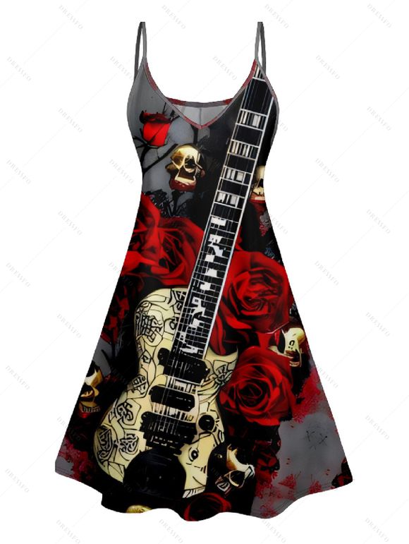 Hallowee Rose Skull Guitar Print V Neck High Waist Spaghetti Strap Dress and Button Up Short Sleeve Shirt Outfit - Noir S | US 4