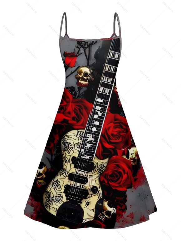 Hallowee Rose Skull Guitar Print V Neck High Waist Spaghetti Strap Dress and Button Up Short Sleeve Shirt Outfit - Noir S | US 4