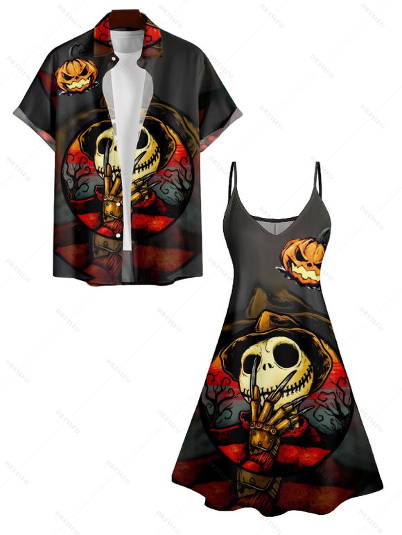 Halloween Pumpkin Skull Print V Neck High Waist Spaghetti Strap Dress and Roll Up Sleeve Shirt Outfit - Noir S | US 4