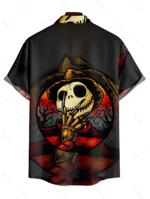 Chemise Décontractée Manches Courtes à Imprimé Crâne et Citrouille D'Halloween avec Boutons pour Hommes - Noir 2XL