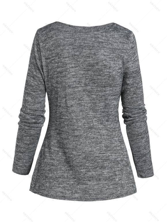 Haut Chiné Orné de Boucle avec Jointif à Carreaux Manches Longues à Col Bénitier - Gris L | US 8-10