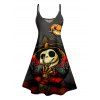 Halloween Pumpkin Skull Print V Neck High Waist Spaghetti Strap Dress Sleeveless Summer A Line Cami Dress