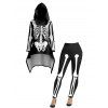 Gothic Skeleton Print High-Low Drawstring Hoodie and Fun Costumes Leggings Outfit - Noir S | US 4