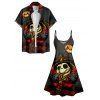 Halloween Pumpkin Skull Print V Neck High Waist Spaghetti Strap Dress and Roll Up Sleeve Shirt Outfit - Noir S | US 4