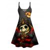 Halloween Pumpkin Skull Print V Neck High Waist Spaghetti Strap Dress and Roll Up Sleeve Shirt Outfit - Noir S | US 4