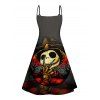 Halloween Pumpkin Skull Print V Neck High Waist Spaghetti Strap Dress and Roll Up Sleeve Shirt Outfit - Noir S | US 4