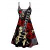 Hallowee Rose Skull Guitar Print V Neck High Waist Spaghetti Strap Dress and Button Up Short Sleeve Shirt Outfit - Noir S | US 4