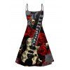 Hallowee Rose Skull Guitar Print V Neck High Waist Spaghetti Strap Dress and Button Up Short Sleeve Shirt Outfit - Noir S | US 4