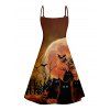 Halloween Night Bat Print V Neck High Waist Spaghetti Strap Dress and Button Up Short Sleeve Shirt Outfit - Café profond S | US 4