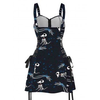 Butterfly Dinosaur Skeleton Print Lace Up Mini Dress Half Zipper Adjustable Buckle Strap Dress