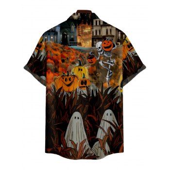 Halloween Skeleton Pumpkin House Print V Neck Spaghetti Strap Dress and Roll Up Sleeve Shirt Outfit