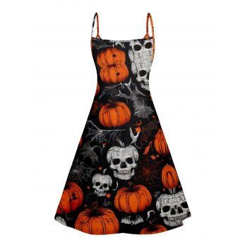 Halloween Pumpkin Skull Spider Web Print V Neck High Waist Spaghetti Strap Dress and Roll Up Sleeve Shirt Outfit