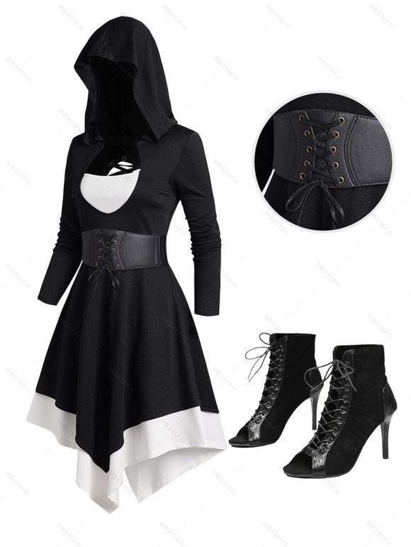 Gothic Colorblock Cut Out Lace Up Hooded Dress and Peep Toe Stiletto Heels Boots Outfit - Noir S | US 4