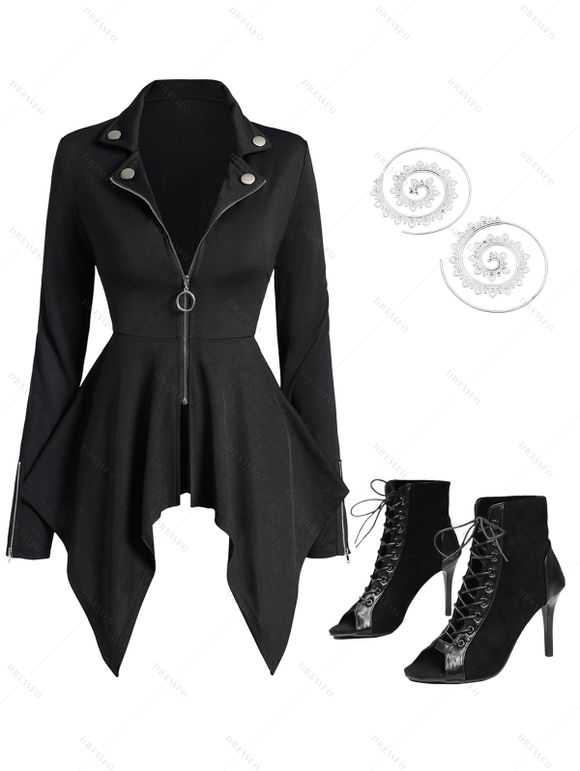 O Ring Zip Up Asymmetrical Hem Punk Coat and Peep Toe Stiletto Heels Boots Drop Earrings Outfit - Noir S | US 4