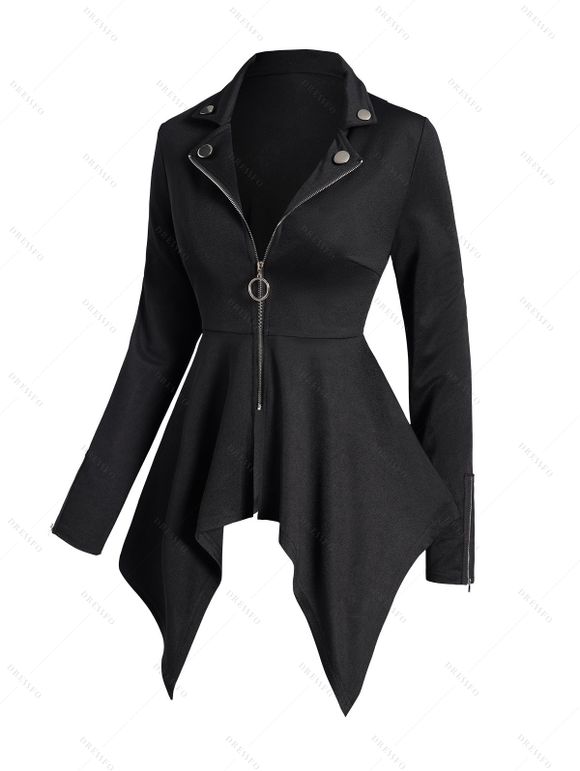 O Ring Zip Up Asymmetrical Hem Punk Coat and Peep Toe Stiletto Heels Boots Drop Earrings Outfit - Noir S | US 4