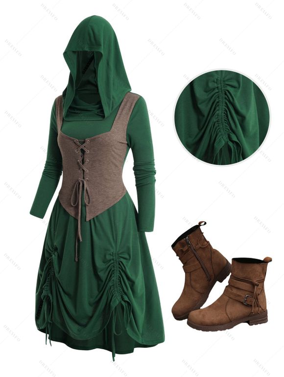 Colorblock Cinched Lace Up Hooded 2 In 1 Dress and Zip Up Buckle Strap Boots Outfit - Vert profond S | US 4