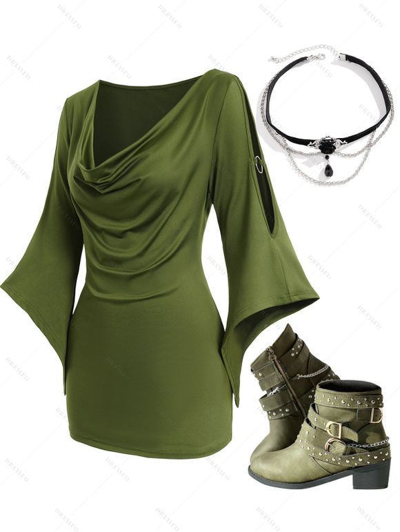 Cowl Neck Solid Top and Rivet Buckle Strap Boots Faux Crystal Chain Necklace Outfit - Vert profond S | US 4