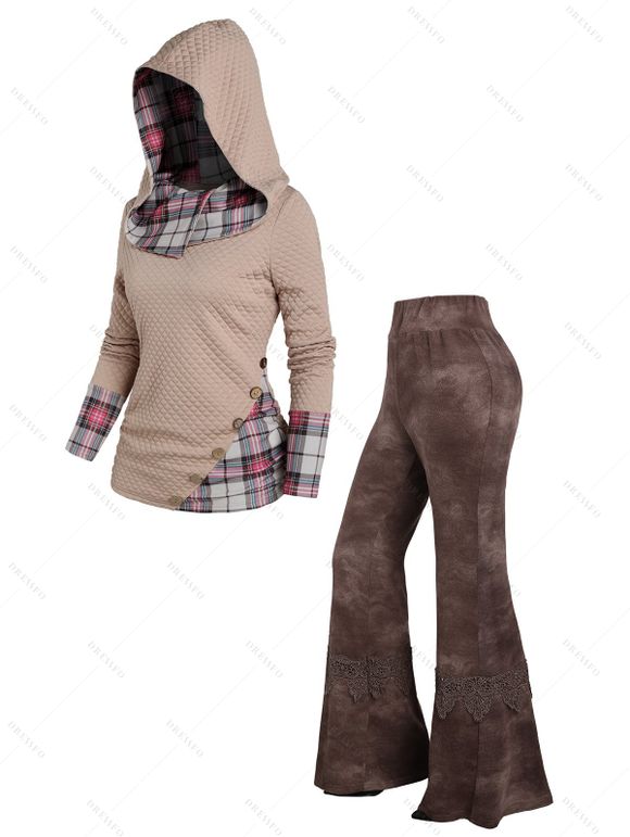 Plaid Embossed Checked Print Patchwork Mock Botton Hoodie and Tie Dye Flare Pants Outfit - café lumière S | US 4